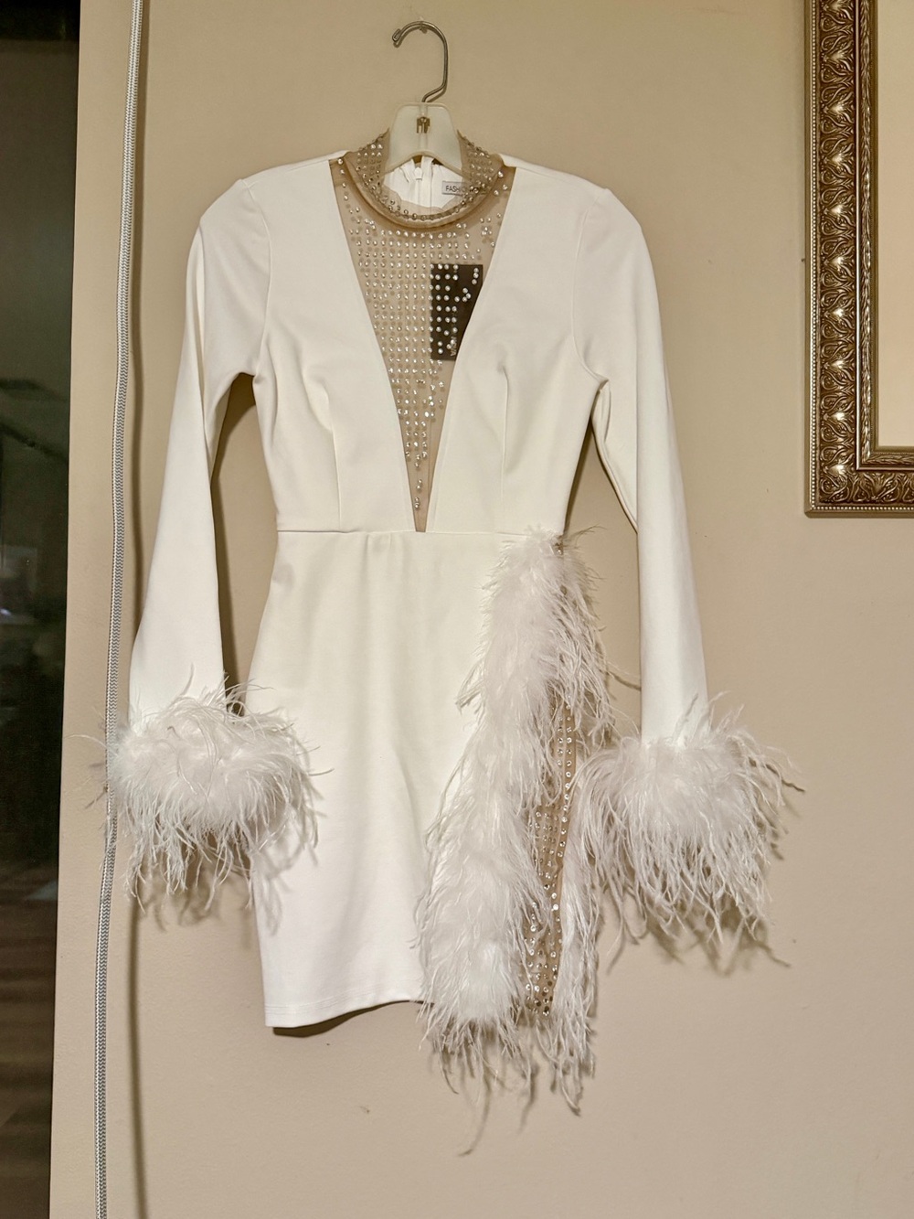 NWT Fashion Nova White Feather-Trim Long Sleeve Mini Dress